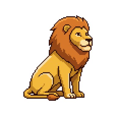 Piksel sanat tarzında oturan sevimli aslan karakteri. Beyazlar üzerinde izole edilmiş oyun ve safari temaları için Retro 8-bit vahşi hayvan vektör çizimi.