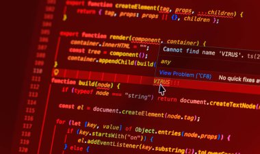 Virüs notu, ekranda yakın plan çekimde yazılmış bilgisayar kodu - kırmızı arkaplanda beyaz harfler - dijitalizasyon, güvenlik ve program betiği konsepti