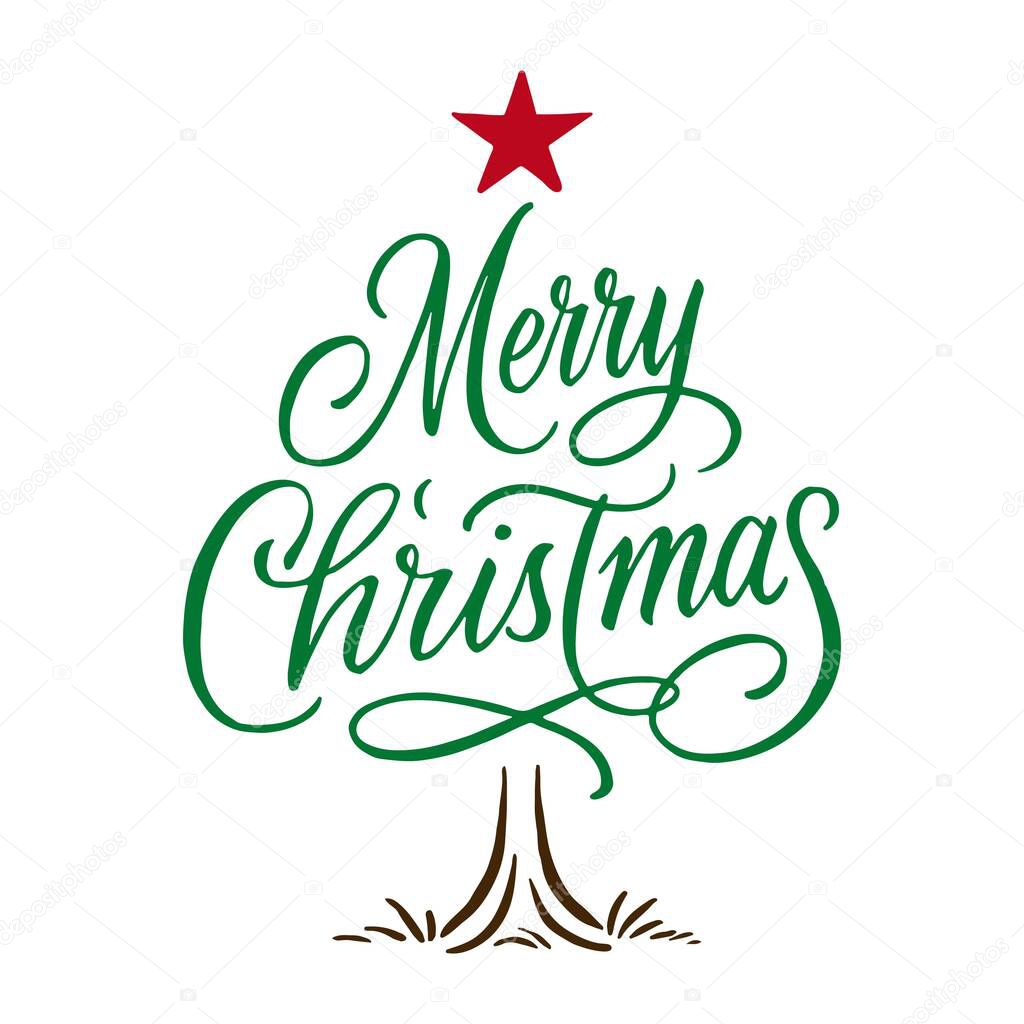 Merry Christmas typography Christmas tree vector art and illustration.