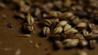 Kahverengi yüzeydeki koyu kavrulmuş arpa taneciklerinin düşük açılı görüntüsü bira ve bira hazırlamak için.