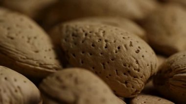 Kabuklardaki çiğ organik bademlerin desenli yüzeylerindeki Makro Kamera Hareketi Ilık ışıkta bir araya geldi