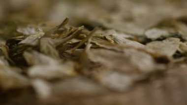 Aşırı Makro Çekimi Düşük Açı Bakış Açısı Kurutulmuş Hop Yaprakları Çuval bezi dokusunda Bira Yaprakları Dinleniyor