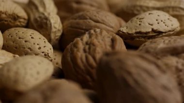 Karışık fındık çeşitlerinin dönüşümlü görüntüsünü kapat. Fıstık ve kabuklu badem de dahil.