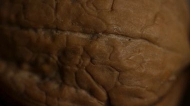 Ceviz kabuğunun kaplama makrosu detaylı çıkıntıları ve desenleri gösteriyor doğal kahverengi soyut arka plan sağlıklı fındık bileşeni