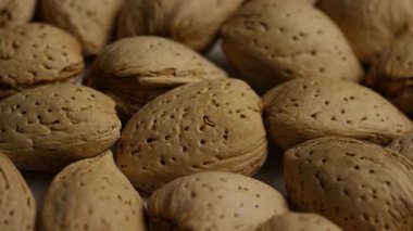 Tüm çiğ badem fıstığının kabuklu görüntülerini yakın çekim yapın. Sert dokuları ve vejetaryen diyeti için doğal sağlıklı yemek detaylarını gösterin.