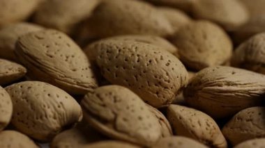 Kahverengi kabuklu organik sağlıklı badem fıstıklarının doğal desenli yüzeysel detay ve kalıpları ile geniş çaplı görüntülerini kapat.