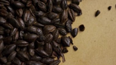 Siyah kavrulmuş arpa çay taneciklerinin yukarıdan görünüşü desenli kahverengi yüzeye saçılmış ve yavaşça doğal bileşenleri gösteriyor.