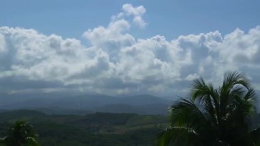 Parlak bulutlu bir gökyüzünün altında yeşil tepeler ve palmiye ağaçları arasında yuva yapmış huzurlu bir tropikal körfezi gösteren manzaralı geniş bir kare..