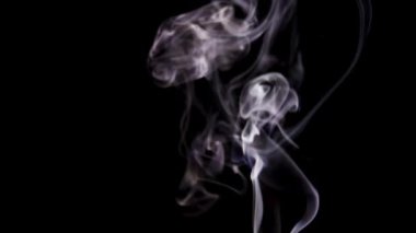 Zarif ve zarif beyaz duman zerreleri sanatsal ve sinematik kullanım için koyu siyah bir zemin karşısında karmaşık desenler içinde dikey olarak yükselir.