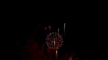 Parlak renkli havai fişekler, arka planda duman ve ışık izlerinin olduğu bir kutlama etkinliği sırasında karanlık gece gökyüzünde patlıyor.