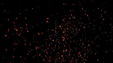 Ateşten yükselen közler ve kıvılcımlar siyah bir zemin üzerinde en sonunda küçük alevler beliriyor.