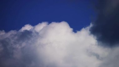 Büyük beyaz kümülüs bulutları, doğada sıcak ve nemli bir yaz gününde, parlak mavi bir arka planda birikiyor.
