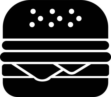 Sandviç, hamburger, çizburger, aperatif, yemek, mutfak, şarküteri ve restoran markalaşma ve menü tasarımı için gıda eşanlamlı öğeler içeren siyah düz yiyecek ikonu.