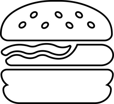 Siyah çizgili hamburger, hamburger, çizburger, abur cubur, yemek, mutfak, şarküteri ve restoran markalaştırma ve menü tasarımı için gıda eşanlamlı öğeler içeren hamburger fast food ikonu