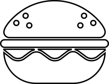 Siyah çizgili hamburger, hamburger, çizburger, abur cubur, yemek, mutfak, şarküteri ve restoran markalaştırma ve menü tasarımı için gıda eşanlamlı öğeler içeren hamburger fast food ikonu