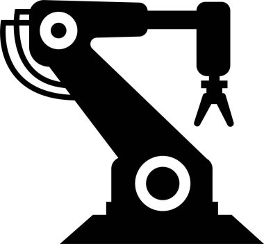 Robotic Arm Icon and Industrial Automation Vector of Mechanical Robot Hand, Factory Machine, Engineering Technology Symbol in Black Flat Style