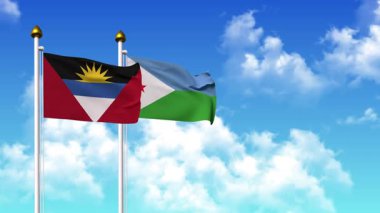 Kutupta alfa kanalı ile birlikte ANTIGUA, BARBUDA ve DJIBOUTI bayrakları sallanıyor