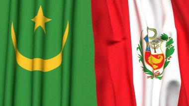 Gerçekçi kumaş dokusuna sahip Mauritania ve Peru bayrakları