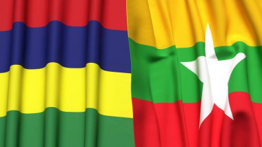 Myanmar ve Myanmar 'ın gerçekçi kumaş dokusuna sahip bayrakları