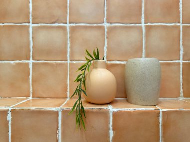 Kahverengi kiremitli vazo süslemesindeki şirin ve küçük bitkileri kapatın. Banyo dekorasyonu ve aksesuarlar için. İç dekorasyon.