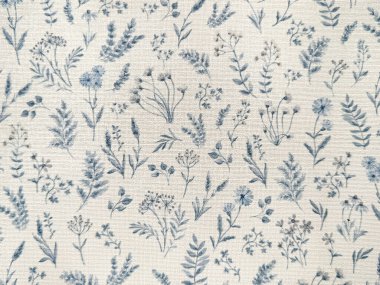 Çiçeklerin ve beyaz arkaplanlı mavi yaprakların grafiksel arkaplanı. Duvar kağıdı, hediye paketi, kumaş veya resimleme için uygun. Çiçek ve tropikal yaprak teması. Kusursuz arkaplan dokusu.