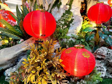 Aydınlatılmış kırmızı fener, oryantal bonsai ağaçları, dev altın sikkeler ve çalılarla Çin yeni yıl süslemeleri. Çince karakter Fu Means Blessing 'i heceler. Mutlu Çin Yeni Yılı