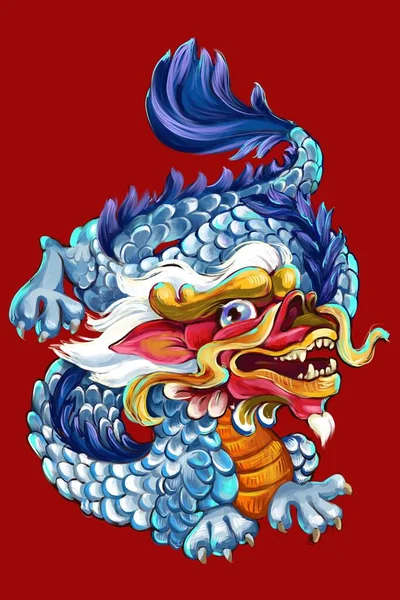 Kırmızı arka planda klasik bir Japon mavi ejderhası. Mavi gözlü ve gümüş saçlı bir ejderha. Dövme çizimi.