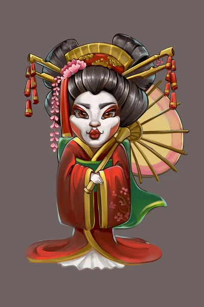 Karakteri bir illüstrasyon olarak kabul et. Porselen bir bebek tarafından icra edilen bir geyşa görüntüsü. Geleneksel bir kimono giymişti.