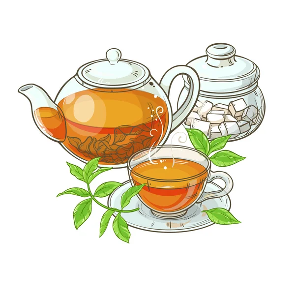 Cup of tea, teapot,  sugar bowl  and tea leaves — Stock Vector