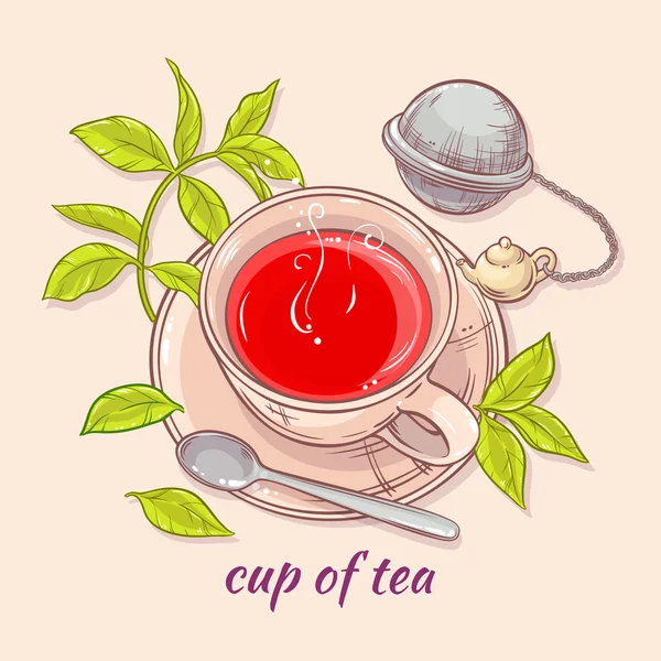 Taza de té con cuchara y colador — Vector de stock