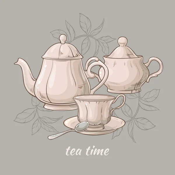 茶壶配杯和糖碗 — 图库矢量图片