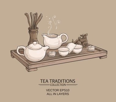 Çin çay töreni illüstrasyon