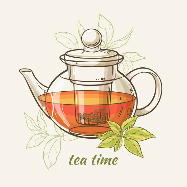Tetera con hojas de té verde — Vector de stock