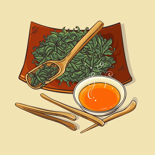 Chá seco com ferramentas de chá e tigela de chá —  Vetores de Stock