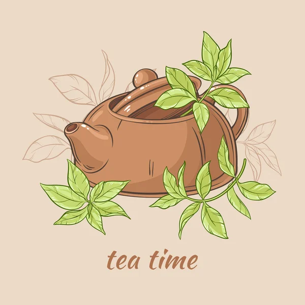 Théière et feuilles de thé — Image vectorielle