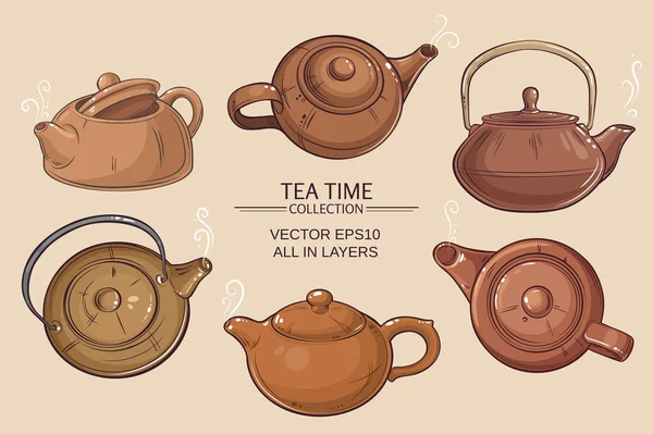 Teapots vector set on color background — Stock Vector