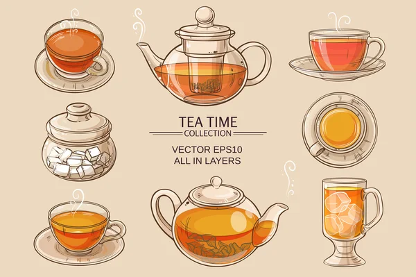 Set da tè in vetro colore — Vettoriale Stock
