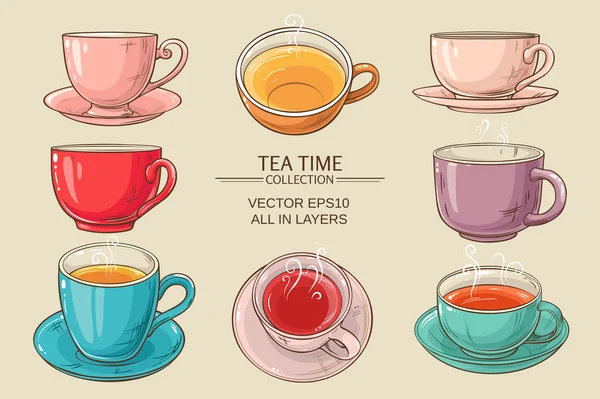 Tea cups set color — Stock Vector