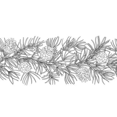 Kozalaklı ve İğneli Pine Branch Yatay Kusursuz Desenli. Tasarım veya dekorasyon için izole edilmiş vektör.