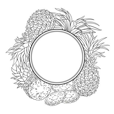 Yaprak Dış Hattı Yuvarlak Çerçeveli Ananas Meyveleri. Organik doğal besin maddeleri, vejetaryen diyet ürünleri. Tasarım veya dekorasyon için izole edilmiş vektör.
