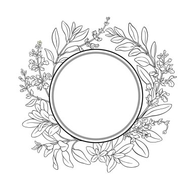 Çiçekler ve Yapraklar Taslak Yuvarlak Çerçeveli Adaçayı Şubesi. Kozmetik, spa, aromaterapi, sağlık, alternatif tıp malzemeleri. Tasarım veya dekorasyon için izole edilmiş vektör.