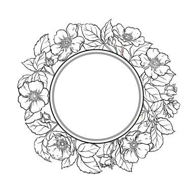 Çiçekler ve Yapraklar Yuvarlak Çerçeveli Vahşi Gül Şubesi. Tasarım veya dekorasyon için izole edilmiş vektör.