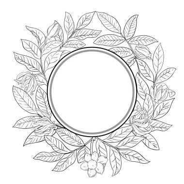 Çiçekler ve Yapraklar Yuvarlak Çerçeveli Ylang Şubesi. Kozmetik, spa, aromaterapi, sağlık ve alternatif tıp için temel yağ bileşeni. Tasarım veya dekorasyon için izole edilmiş vektör.