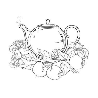 Çaydanlık aromalı Elma Çayı Taslak Çizim. Kafeterya, Posterler, Afişler, Kartlar için Tasarım ve Dekorasyon için vektör izole edildi.