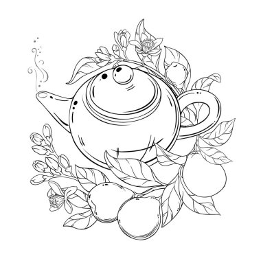 Çaydanlık aromalı Bergamot çayı ana hatlı tasvir. Kafeterya, Posterler, Afişler, Kartlar için Tasarım ve Dekorasyon için vektör izole edildi.