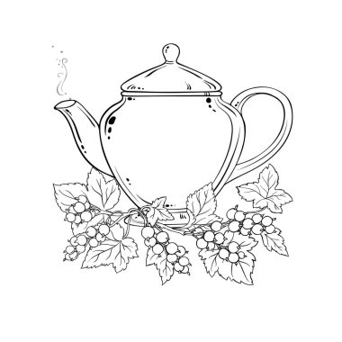 Çaydanlık aromalı siyah frenk çayı ana hatları. Kafeterya, Posterler, Afişler, Kartlar için Tasarım ve Dekorasyon için vektör izole edildi.