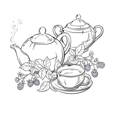 Çaydanlıkta böğürtlen çayı aromalı içecek taslağı. Kafeterya, Posterler, Afişler, Kartlar için Tasarım ve Dekorasyon için vektör izole edildi.