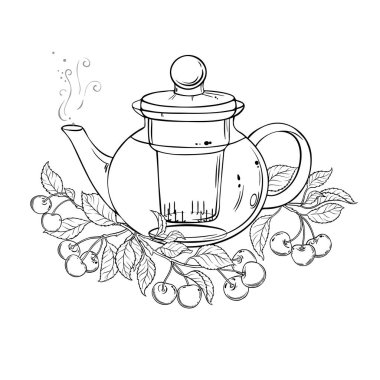 Çaydanlık aromalı kiraz çayı ana hatlı tasvir. Kafeterya, Posterler, Afişler, Kartlar için Tasarım ve Dekorasyon için vektör izole edildi.