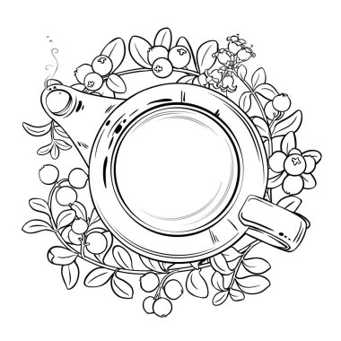 Çaydanlıkta yabanmersini çayı aromalı içecek taslağı. Kafeterya, Posterler, Afişler, Kartlar için Tasarım ve Dekorasyon için vektör izole edildi.