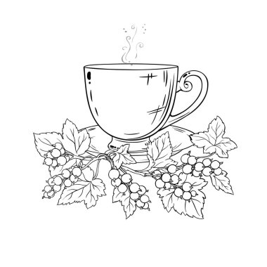 Bir fincan siyah frenk üzümü aromalı çay özeti. Kafeterya, Posterler, Afişler, Kartlar için Tasarım ve Dekorasyon için vektör izole edildi.